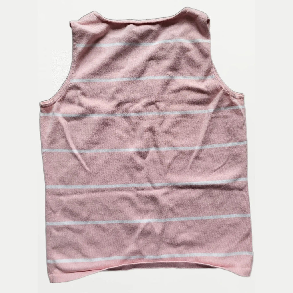 Débardeur à rayures rose clair, taille non indiquée, sans marque visible. Fripes Sélect