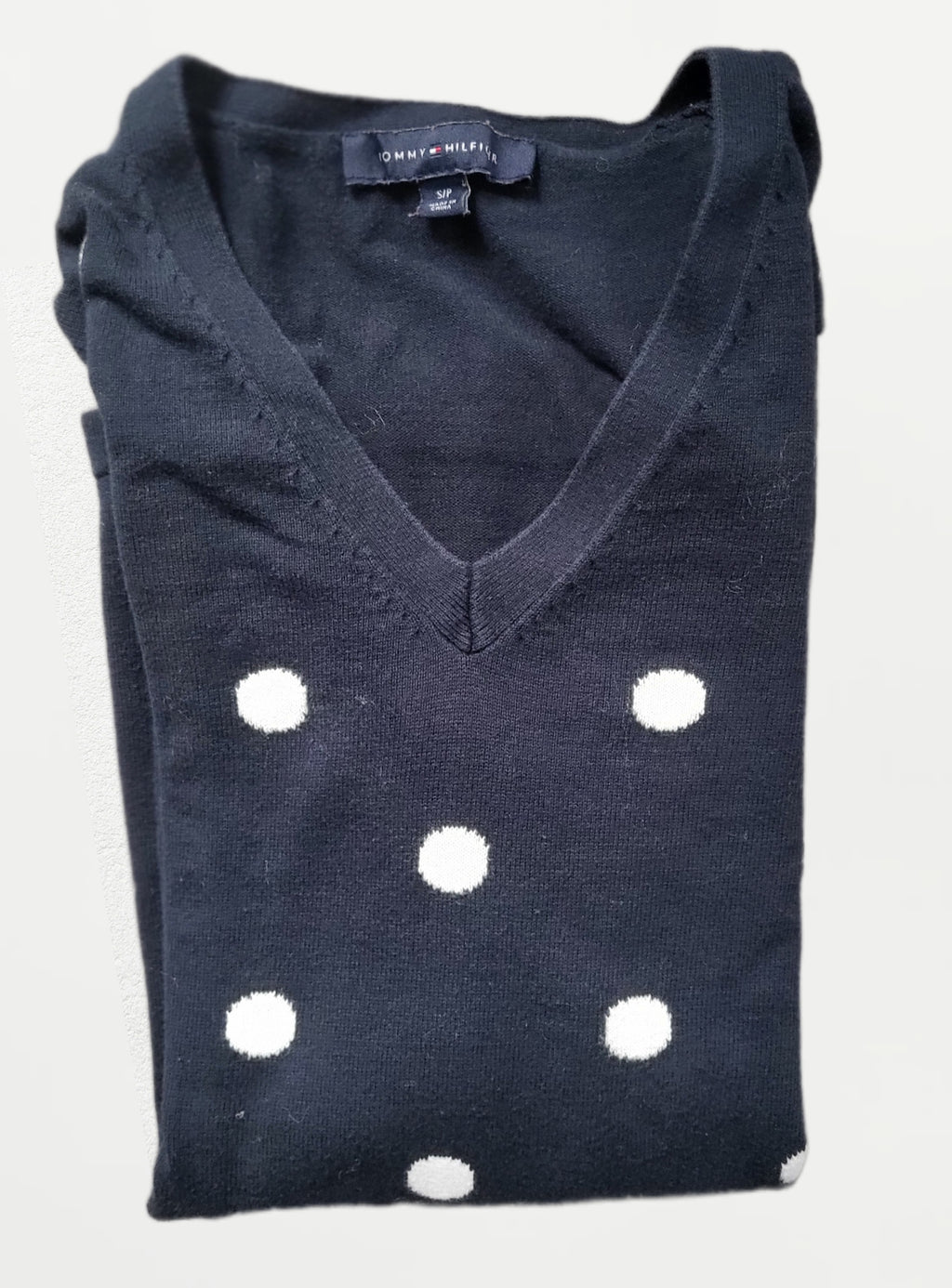 Pull femme Tommy Hilfiger – Bleu marine à pois blancs - Taille S - Vintage