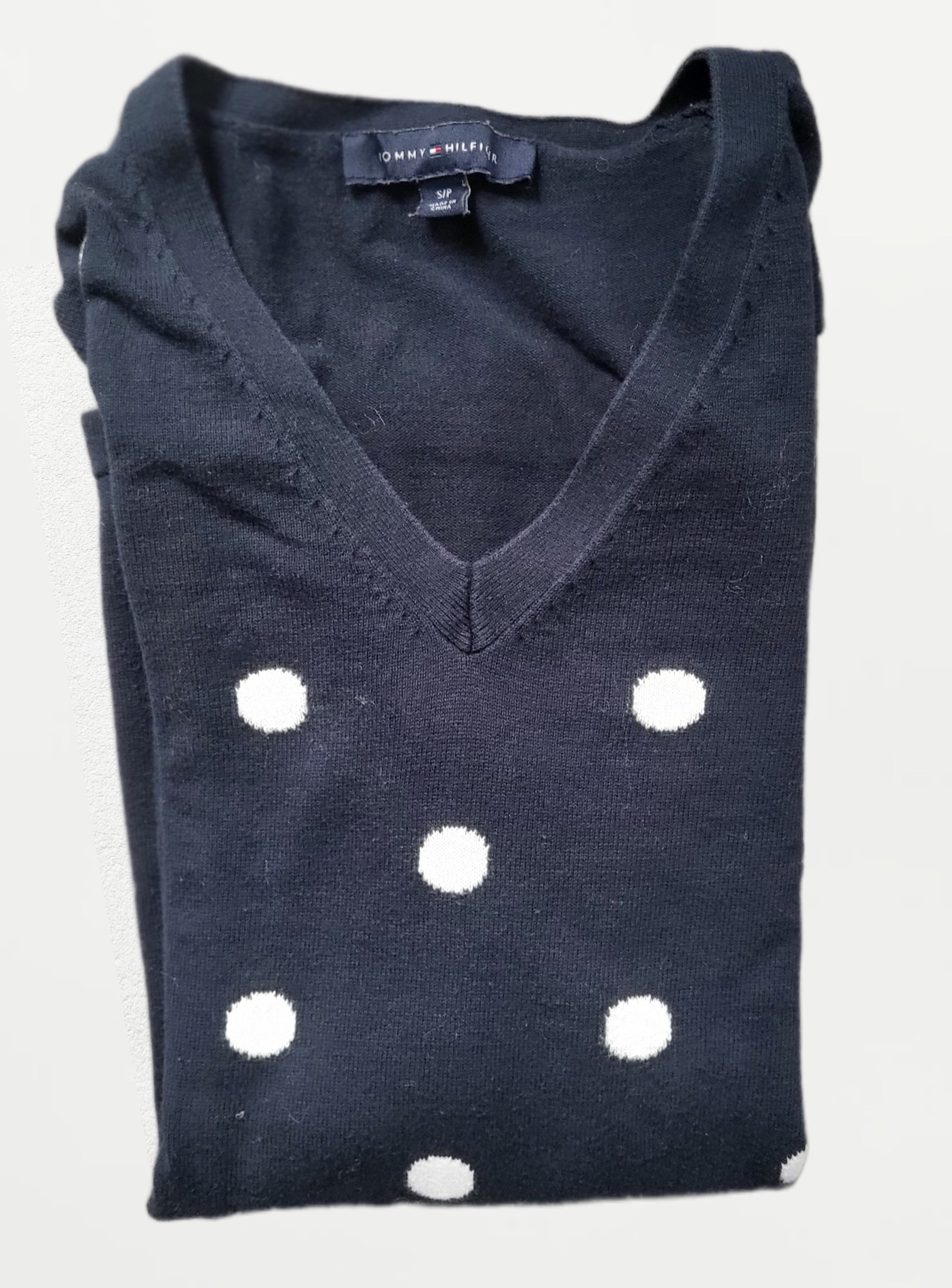 Pull femme Tommy Hilfiger – Bleu marine à pois blancs - Taille S - Vintage