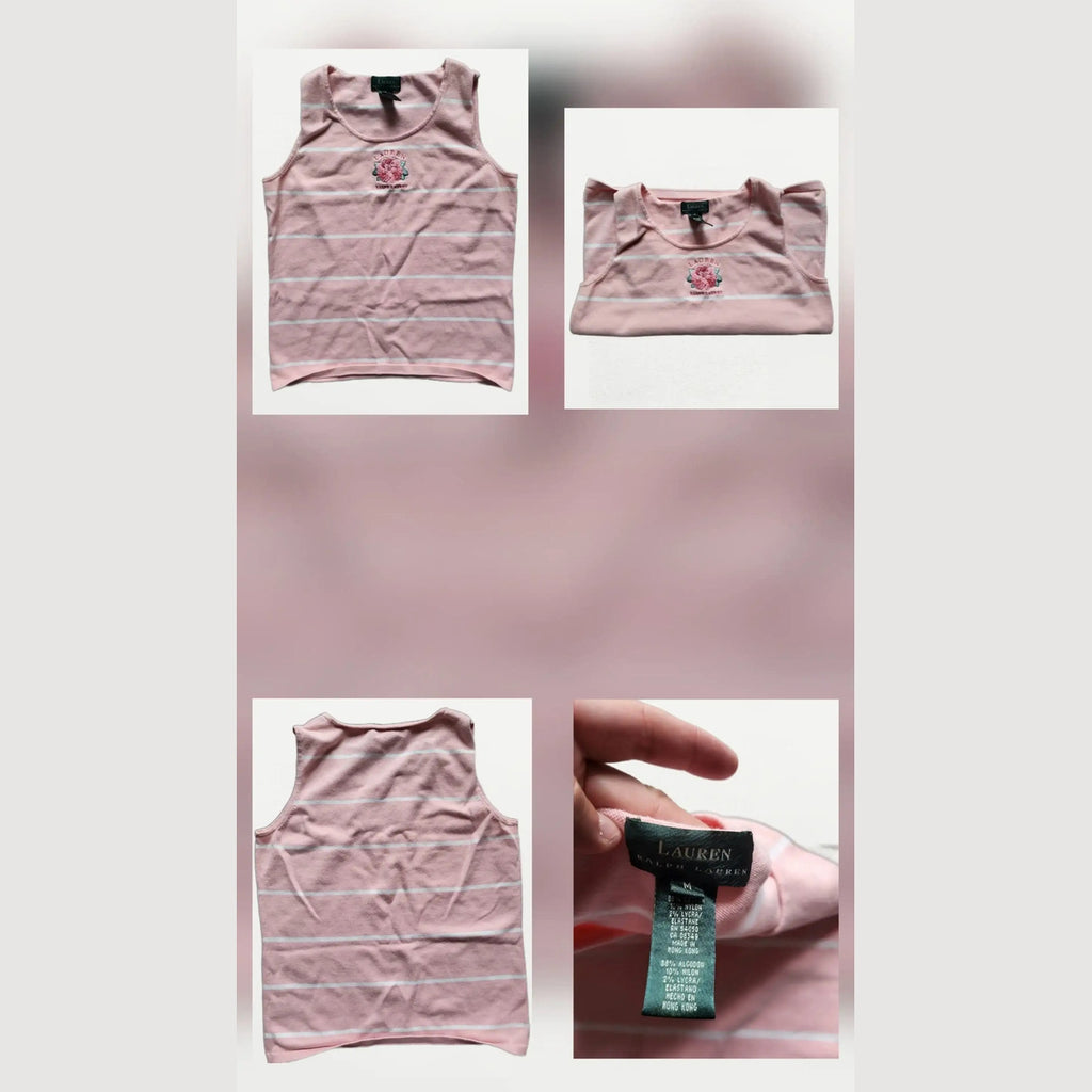 Débardeur Ralph Lauren rose à rayures blanches, taille M. Fripes Sélect