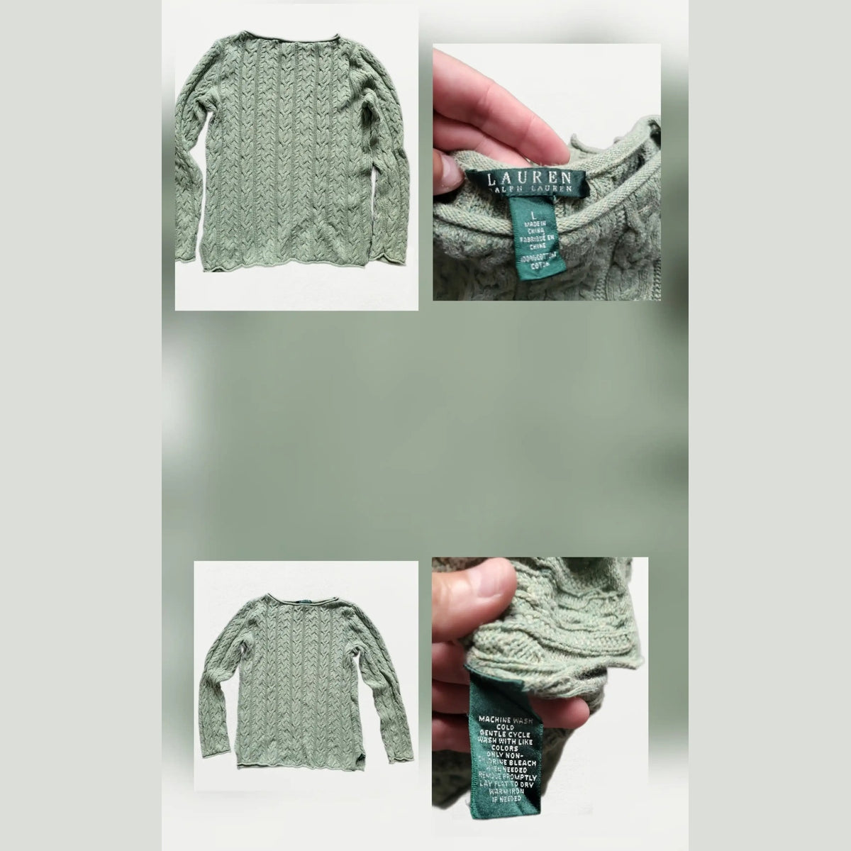 Pull torsadé vert, Lauren Ralph Lauren, taille L. Fripes Sélect