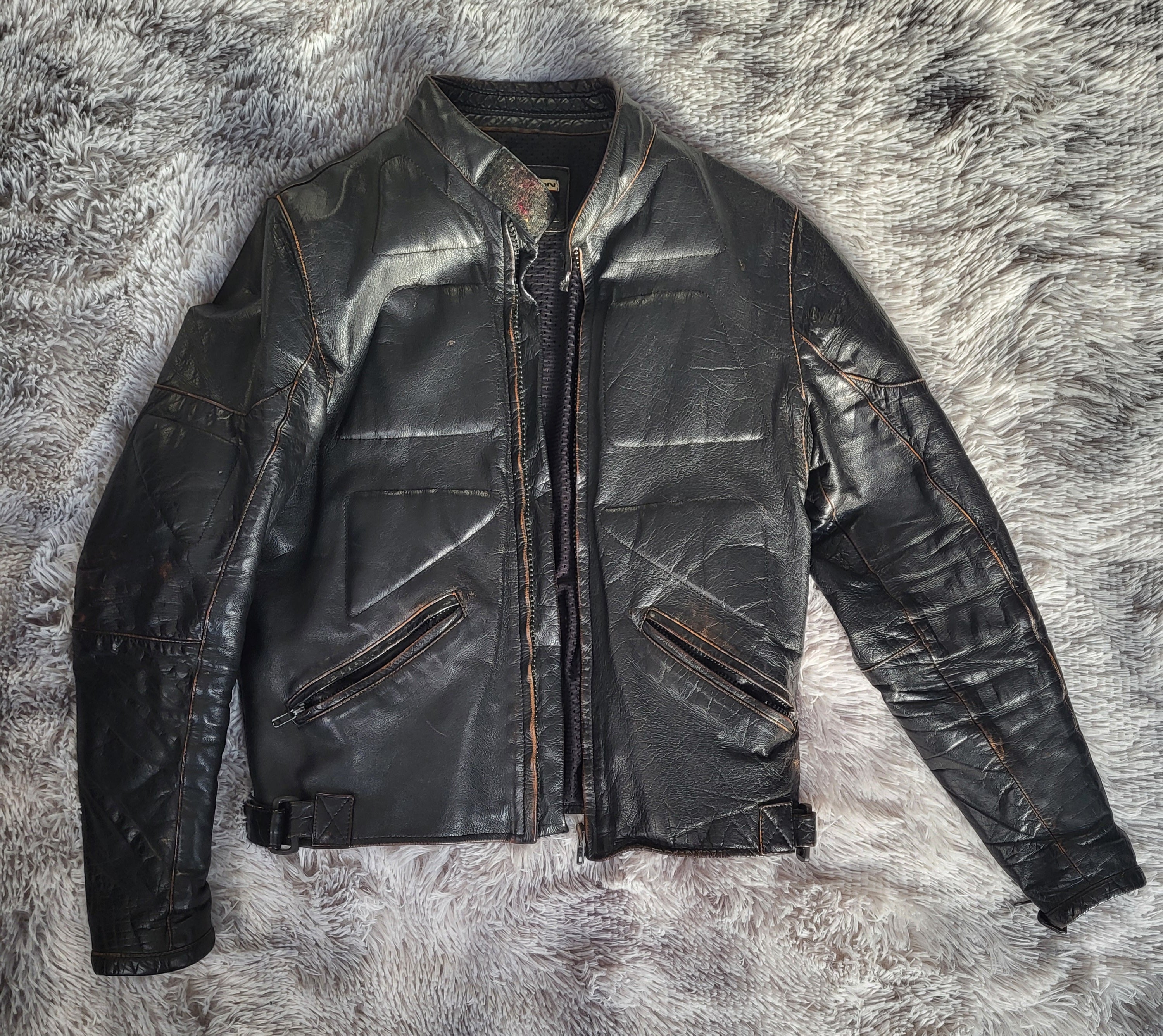 Blouson Cuir Chyston Cafe Racer Biker Homme Cuir Mouton Noir Vieilli L