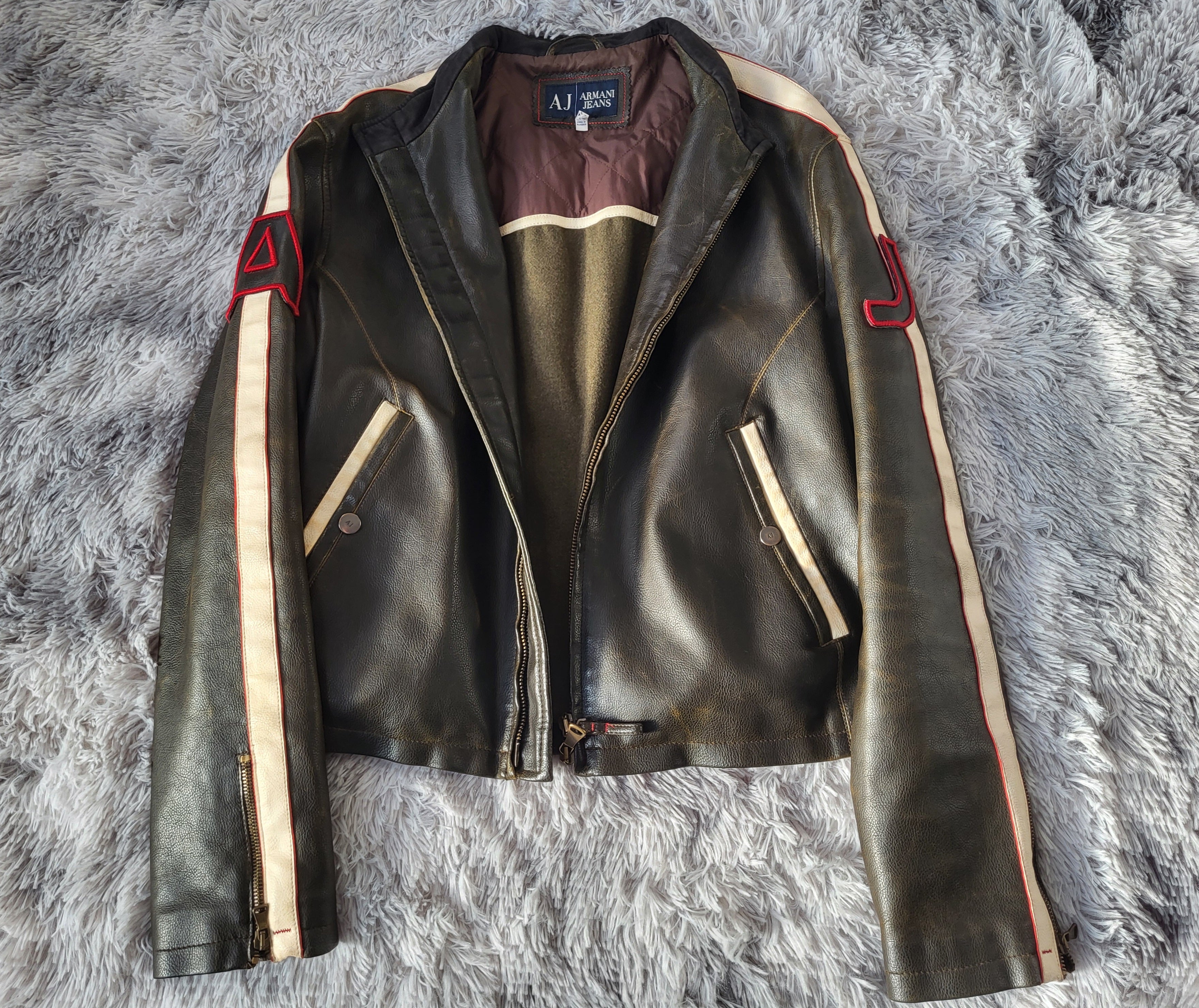 Veste Cuir Armani Jeans Biker Racing Vintage Homme Années 2000 Taille 54 L/XL