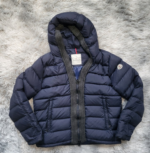 Doudoune Moncler Canut Giubbotto Homme – Taille 4 (L) – Bleu marine – Duvet 90% – Capuche – Luxe