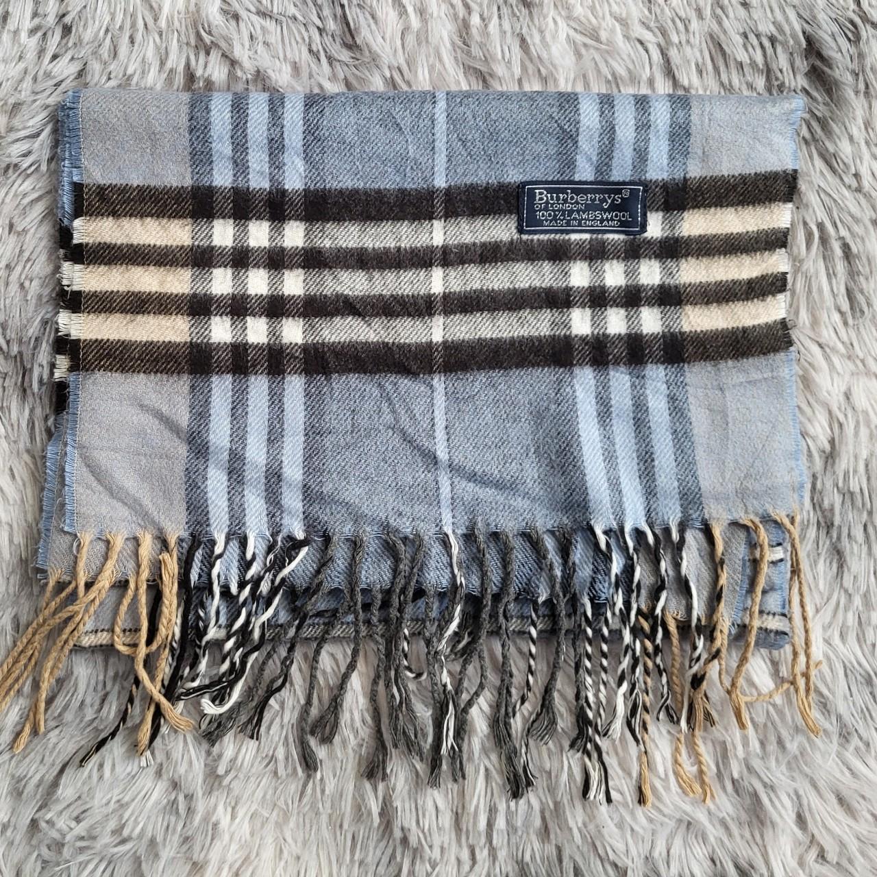🧣💙 Écharpe Vintage Burberrys of London bleu clair, gris, noir et crème/beige – 100% Laine d’Agneau – Made in England 💙🧣