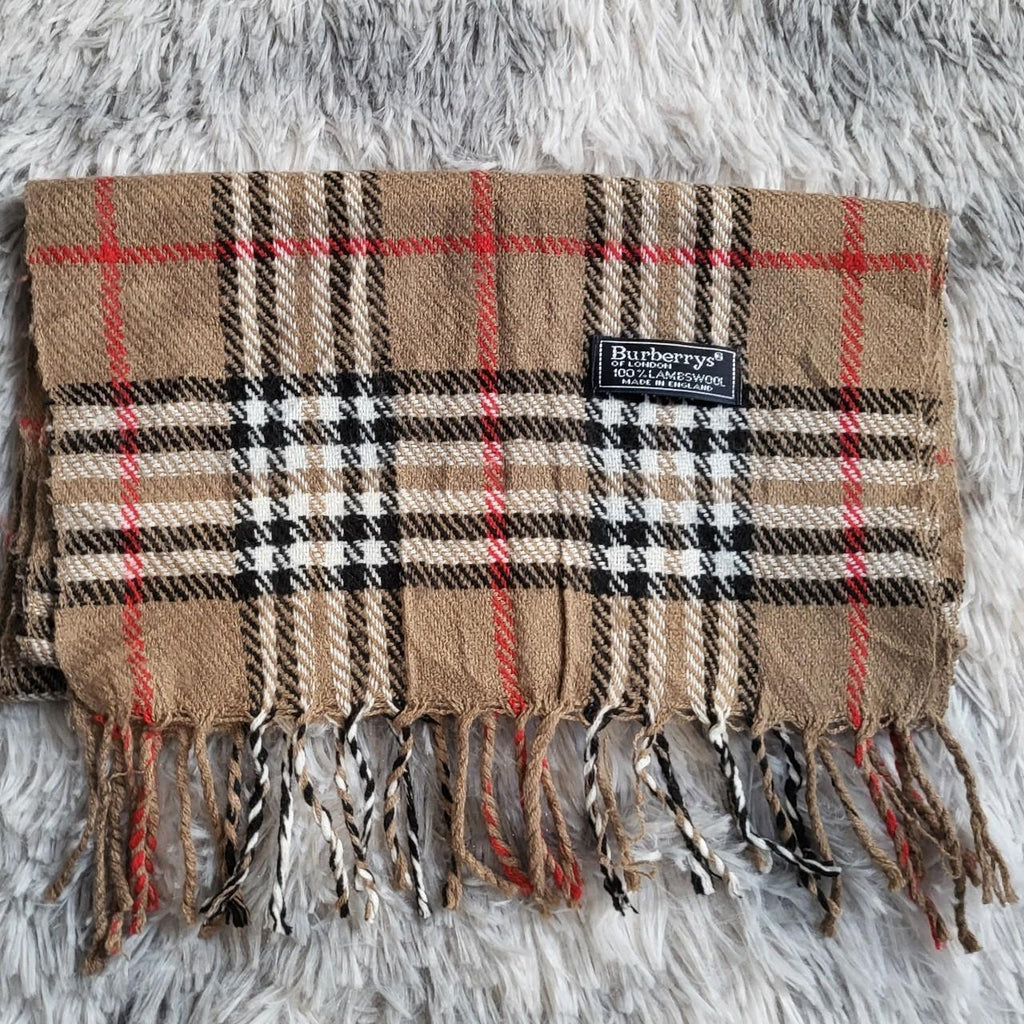 Écharpe Burberrys beige, noir, blanc et rouge - Vintage – 100% Lambswool