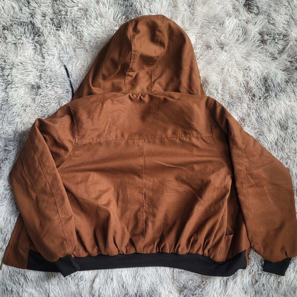 Manteau Carhartt marron homme taille L vu de dos, capuche, sur fond gris. Fripes Sélect