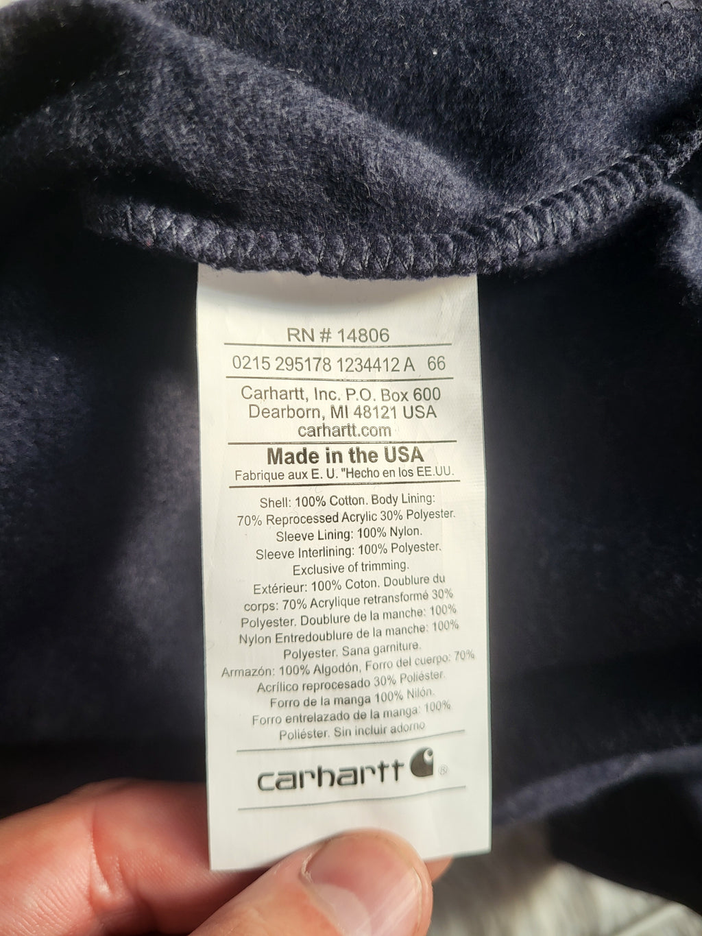 Sweat à Capuche Carhartt Rework [NEUF] – Doublé Thermique - Bleu Marine – Taille L – Made in USA