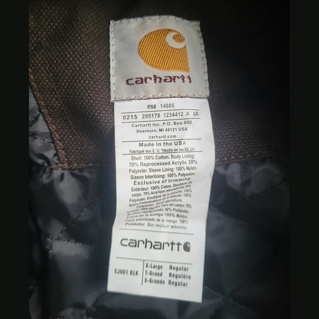 Veste Carhartt marron taille XL, étiquette visible. Fripes Sélect