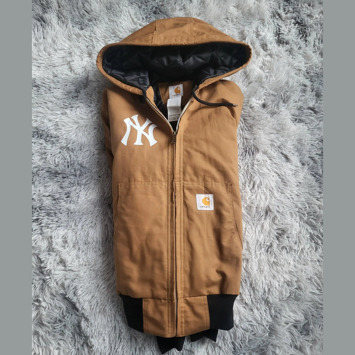 Veste à capuche Carhartt brune, logo NY blanc, taille L, Fripes Sélect