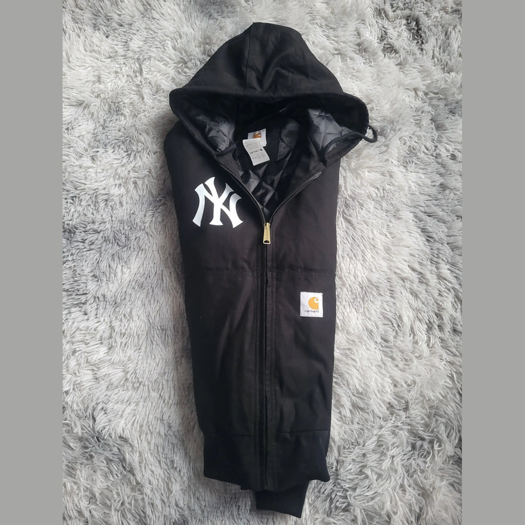Veste à capuche noire Carhartt taille L, logo NY visible. Fripes Sélect