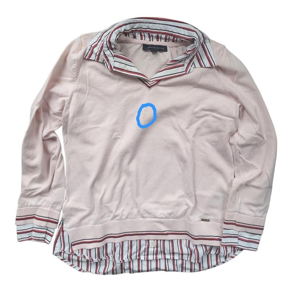 Pull femme Tommy Hilfiger, col V rose pâle, style chemise - Vintage