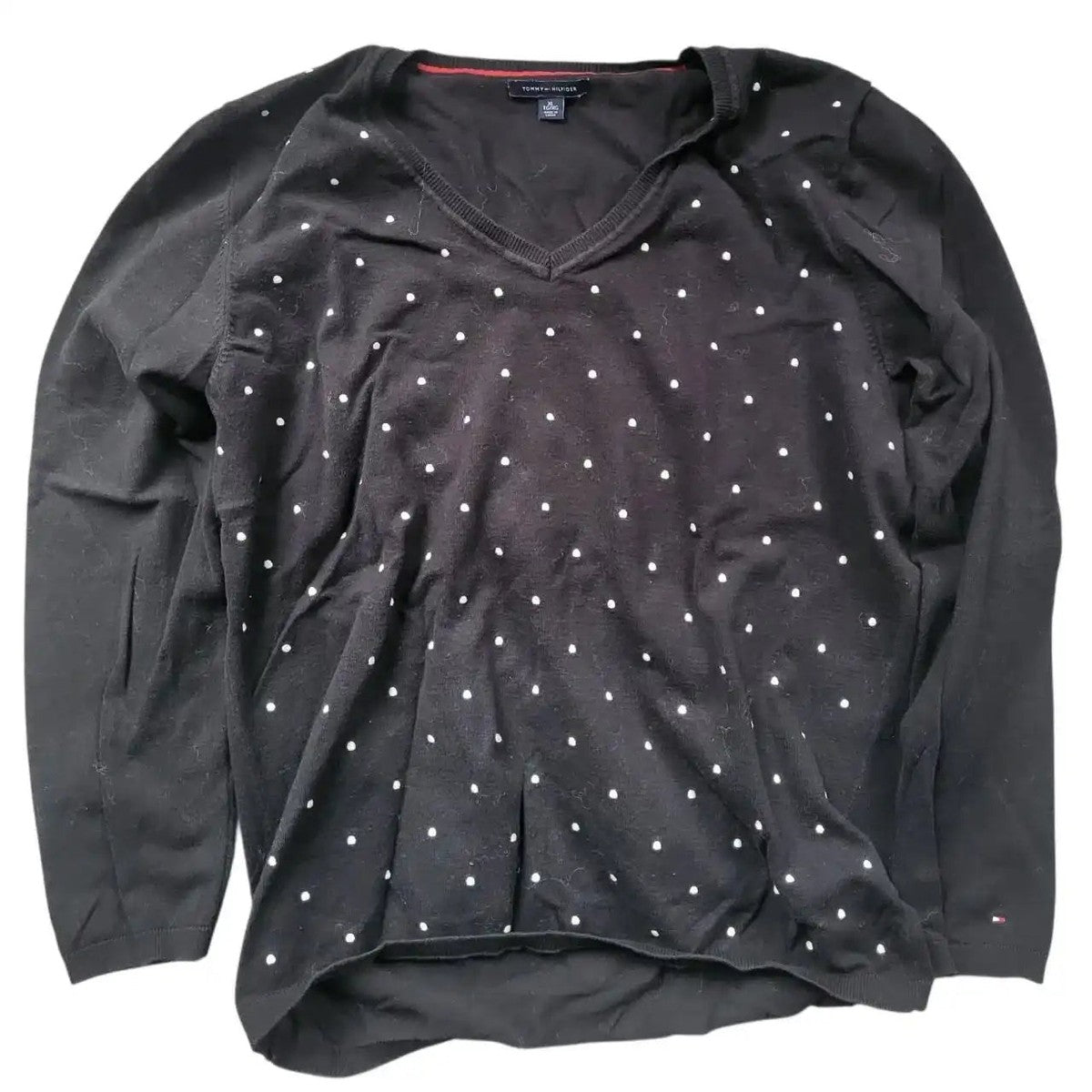 Pull femme Tommy Hilfiger – col V noir à pois blancs, taille XL - Vintage