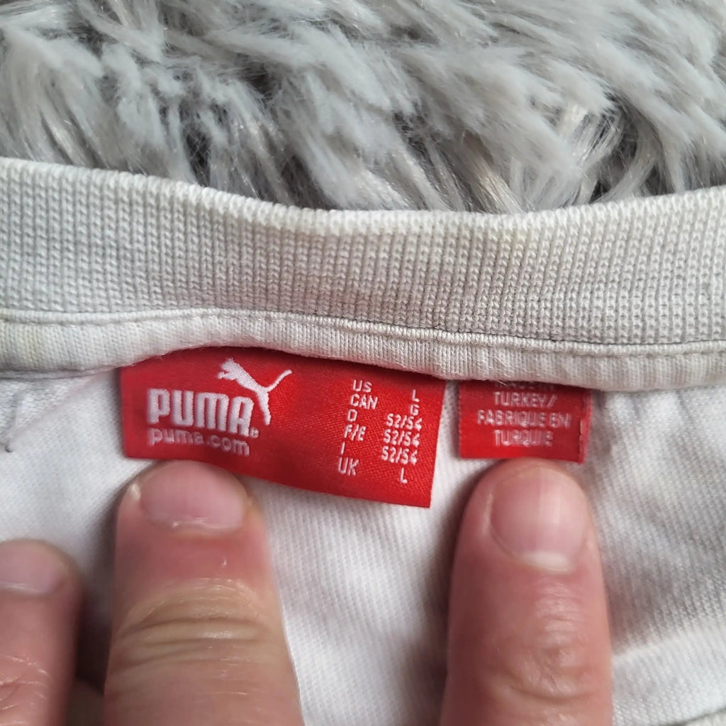 Sweatshirt blanc Puma taille L, étiquette visible, Fripes Sélect