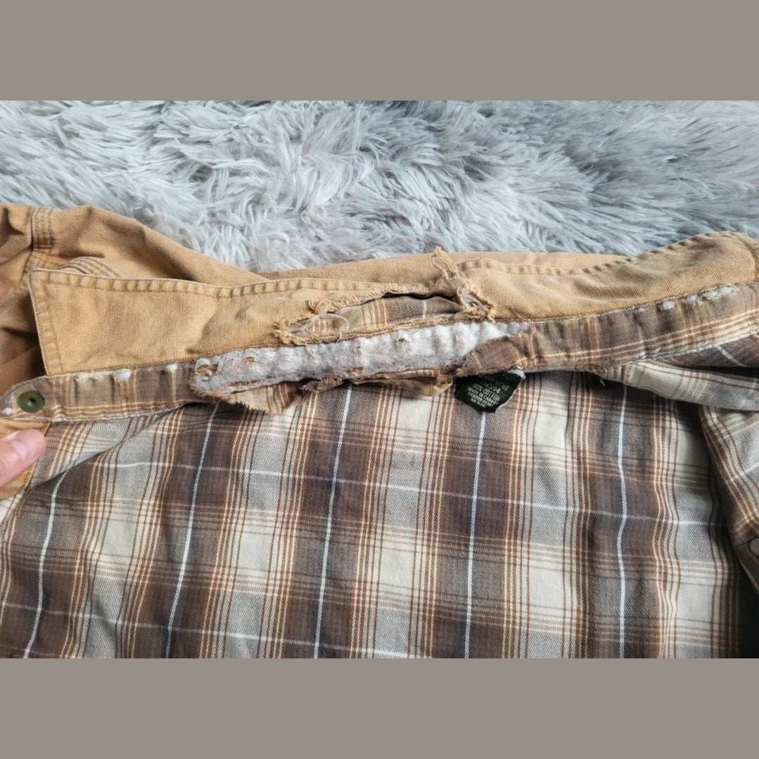 Veste à carreaux marron doublée, taille non lisible, marque non visible, Fripes Sélect