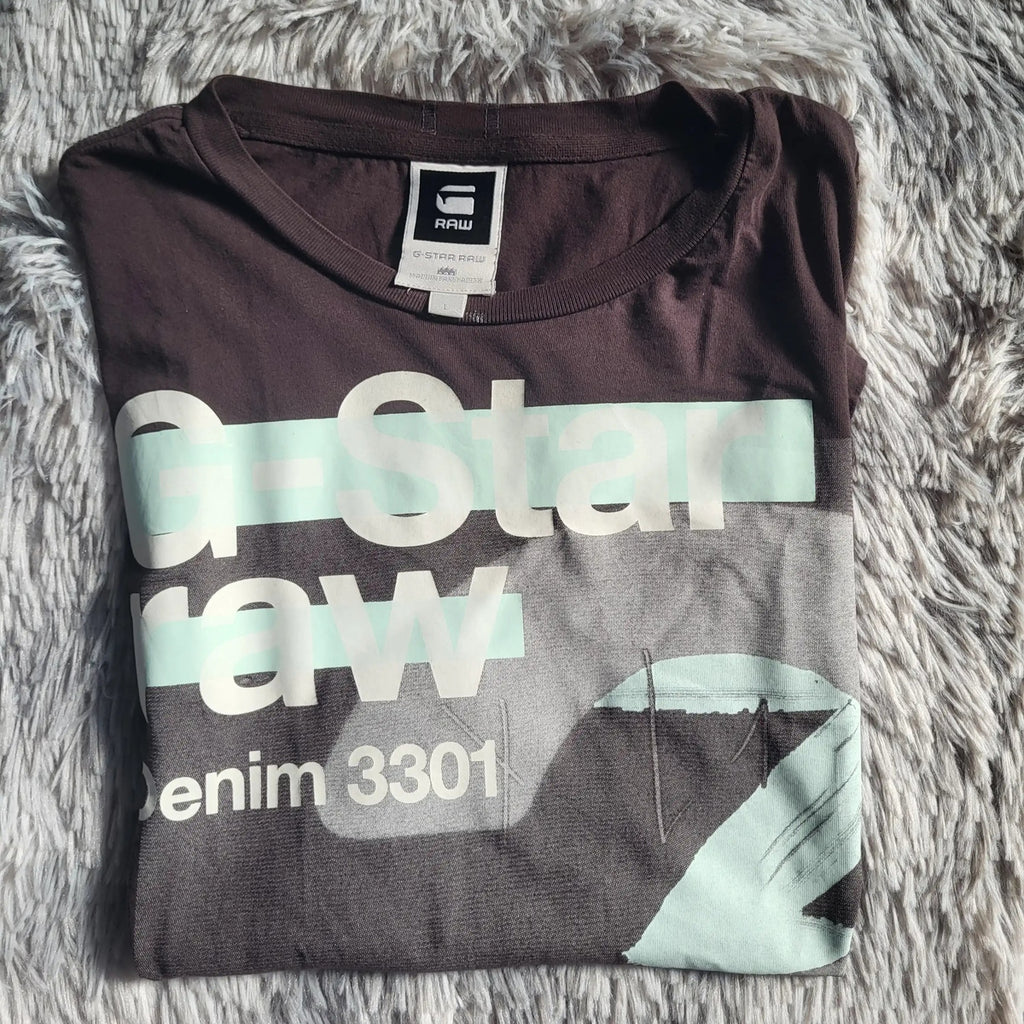 T-shirt G-Star Raw marron, imprimé blanc et bleu, taille M, Fripes Sélect