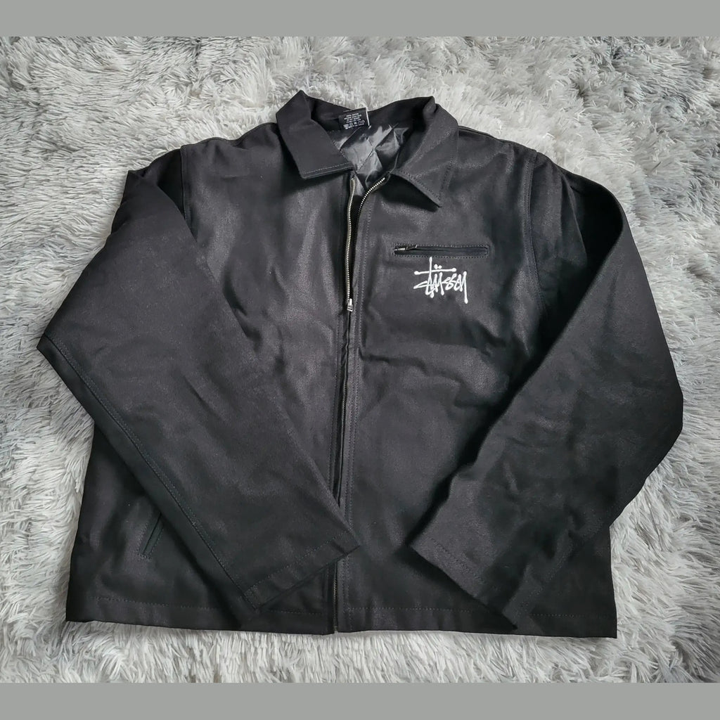 Veste Stüssy Canvas Shop Jacket Noire - Double Logo Brodé (Avant & Dos) Homme  - Style 118481 - Taille L 