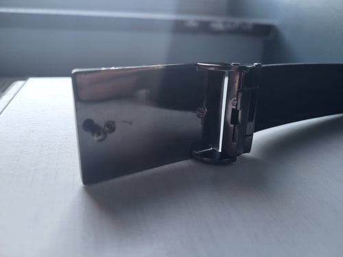 Ceinture Homme Noire XL 42-44 Boucle Plaque Argentée Brossée - État Comme Neuf