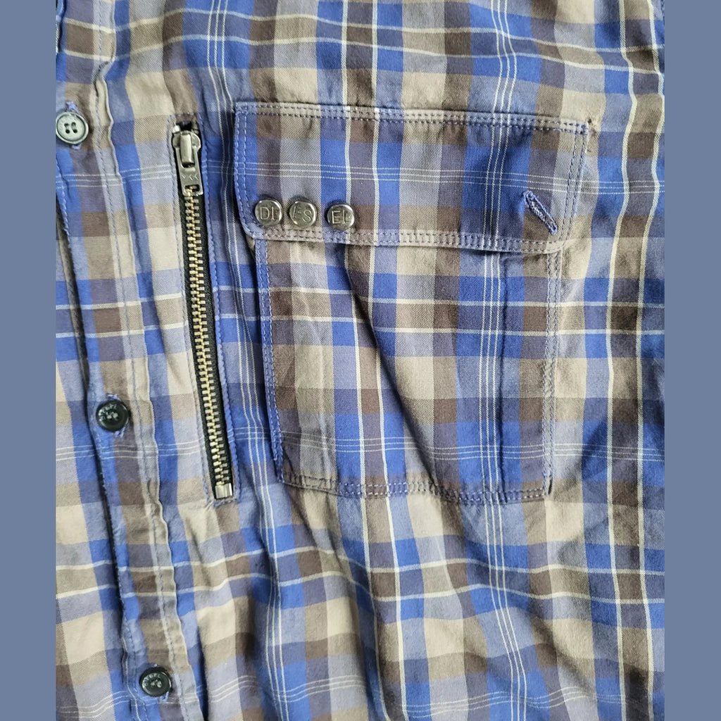 Chemise Diesel Vintage Tartan Bleu & Marron - Taille L - 100% Coton - Détail Zip - À RÉPARER