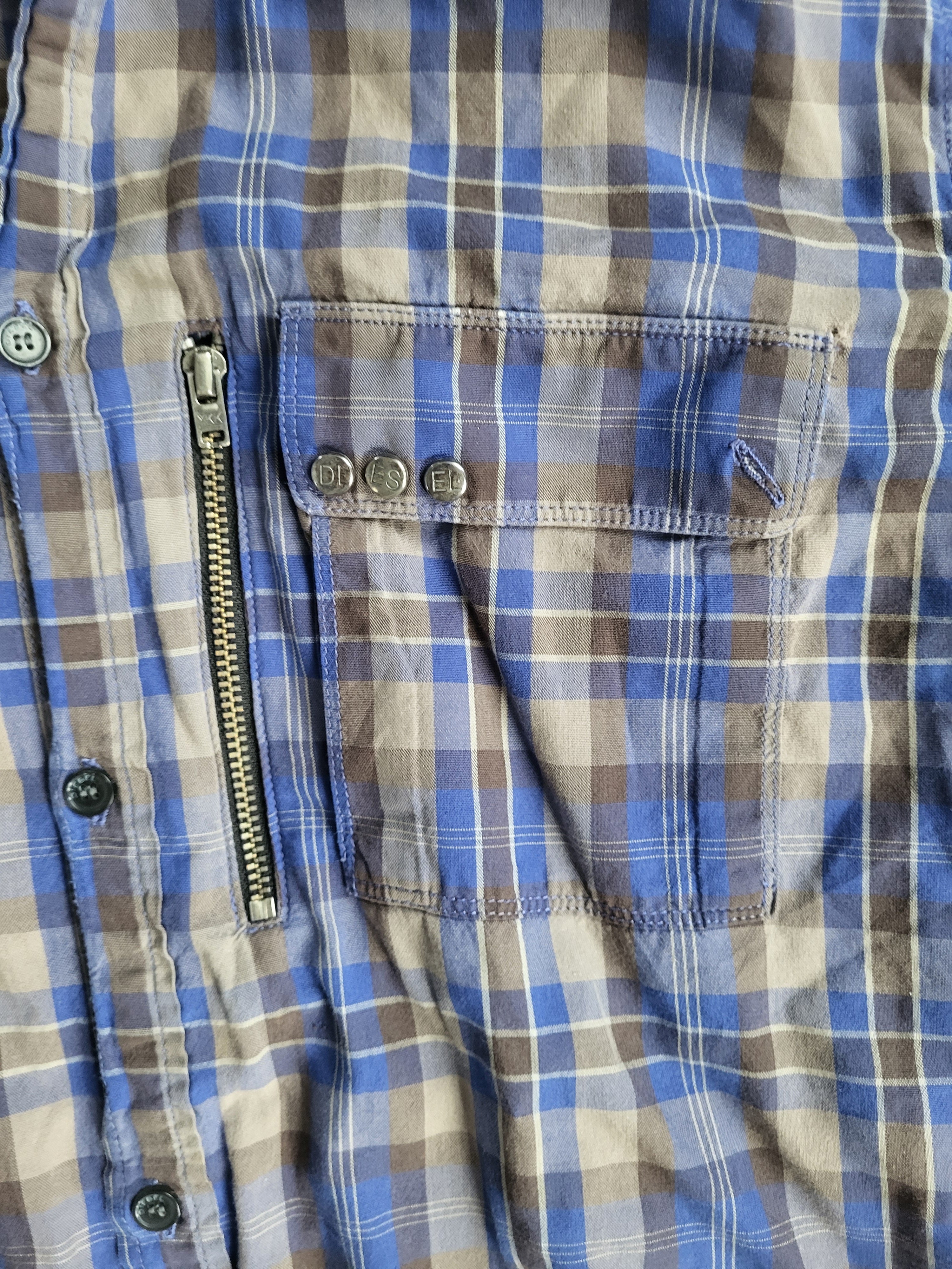 Chemise Diesel Vintage Tartan Bleu & Marron - Taille L - 100% Coton - Détail Zip - À RÉPARER