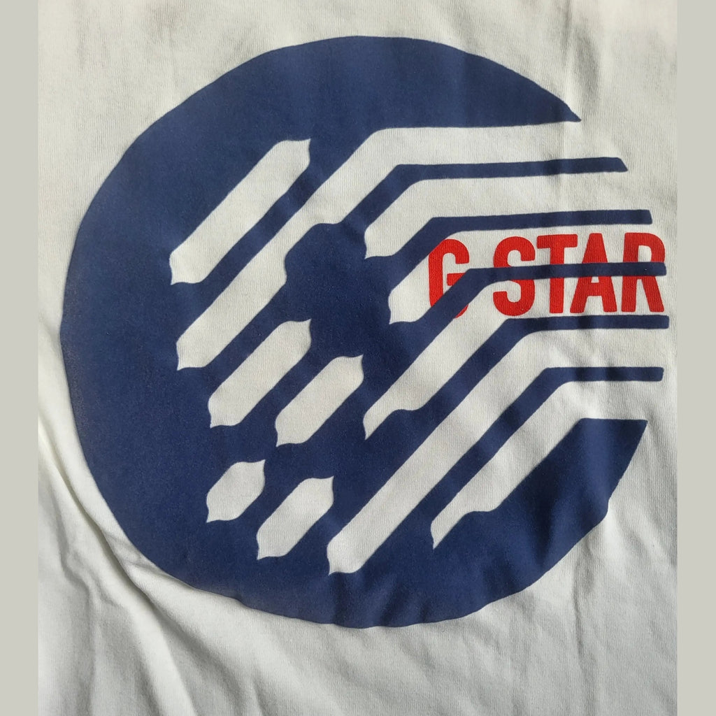 T-shirt blanc G-Star, logo bleu et rouge, taille non visible, Fripes Sélect