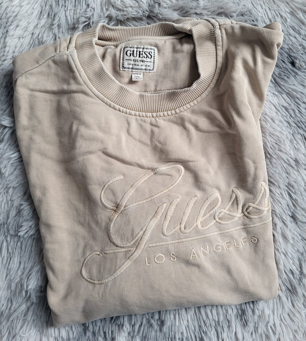 Sweat Guess Beige Sable – 100% Coton – Taille L – Style Distressed / Upcycling