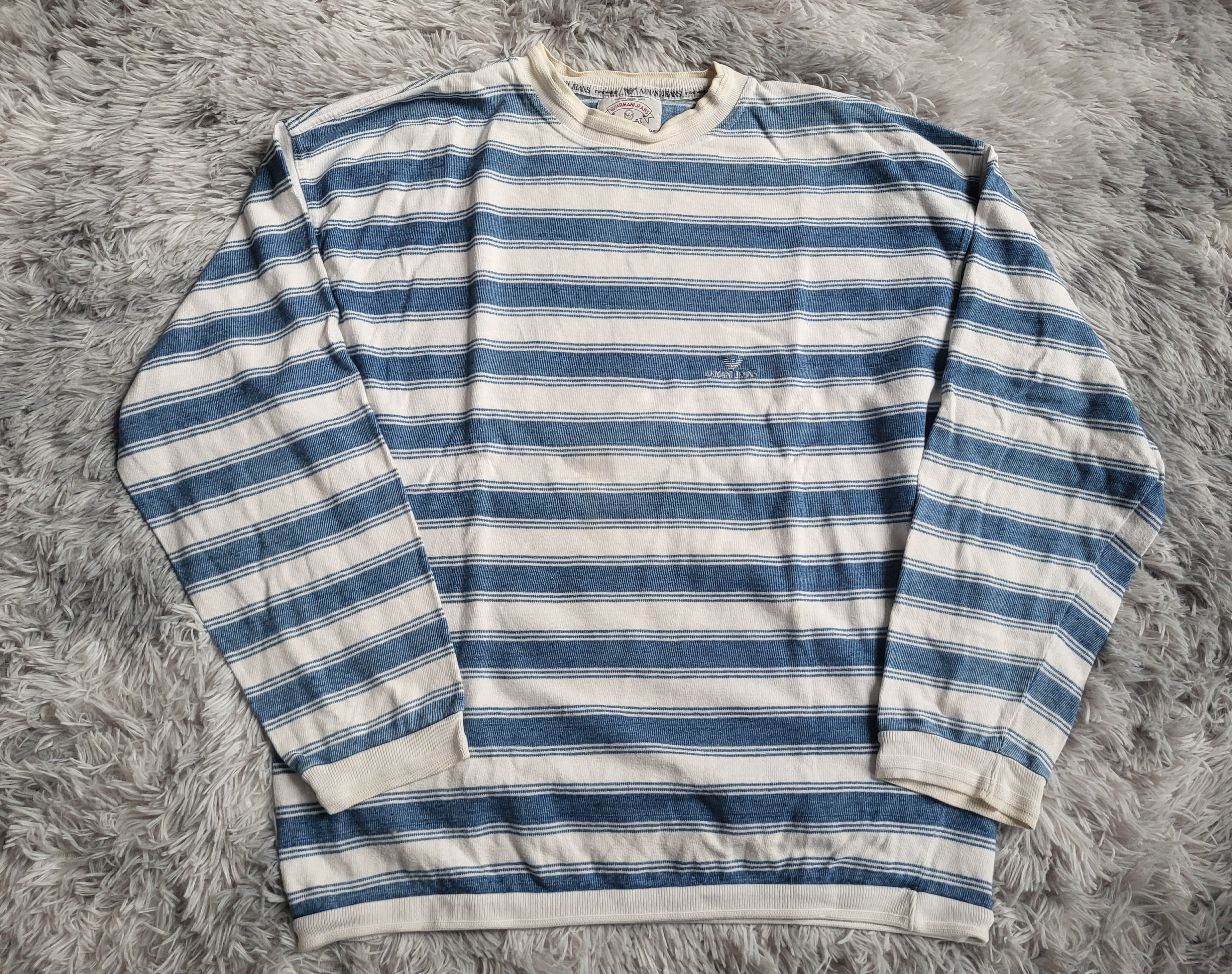 Pull Vintage Armani Jeans – Rayures Marines – Taille XL – Made in Italy – 90s