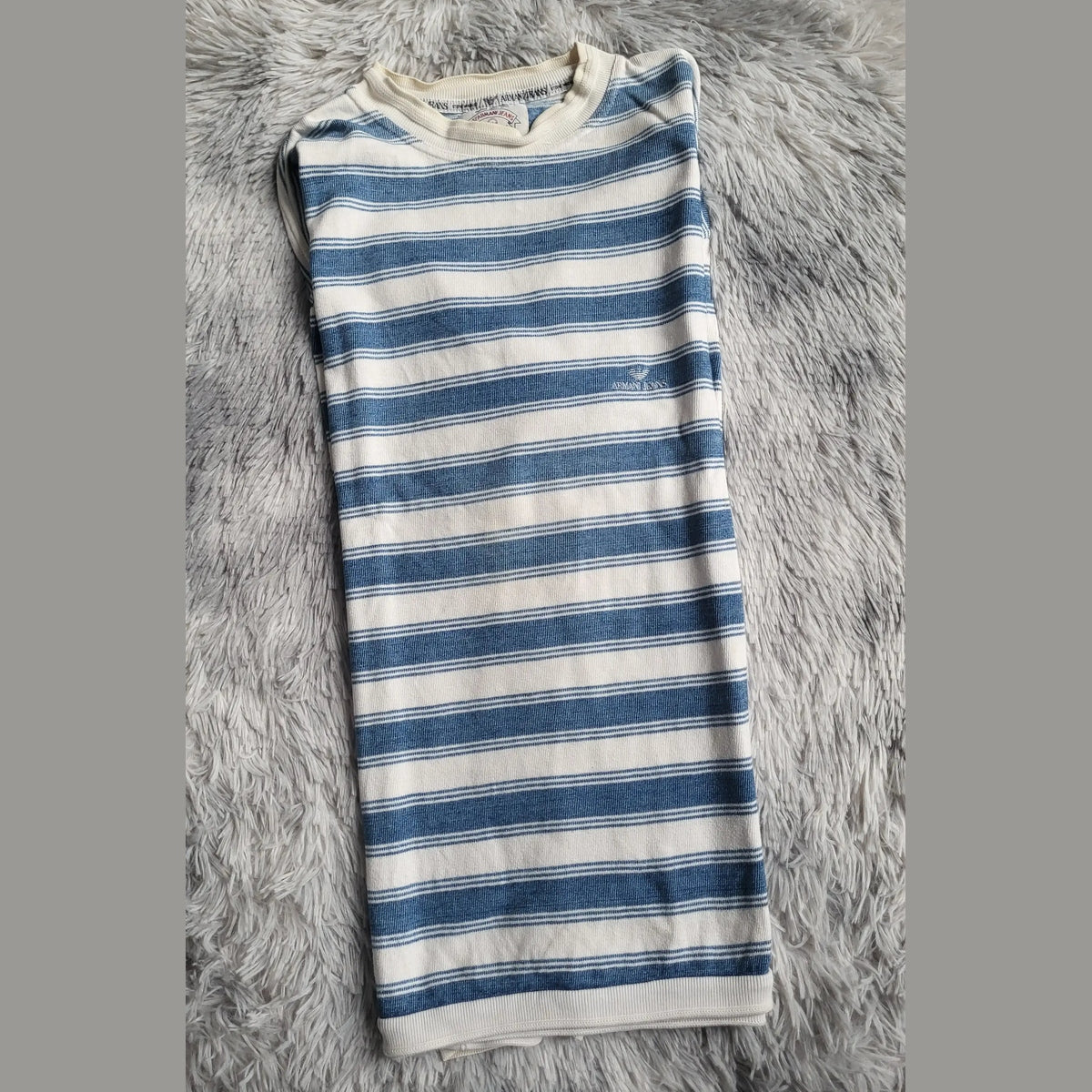 T-shirt rayé blanc et bleu Asman Jeans, taille M. Fripes Sélect