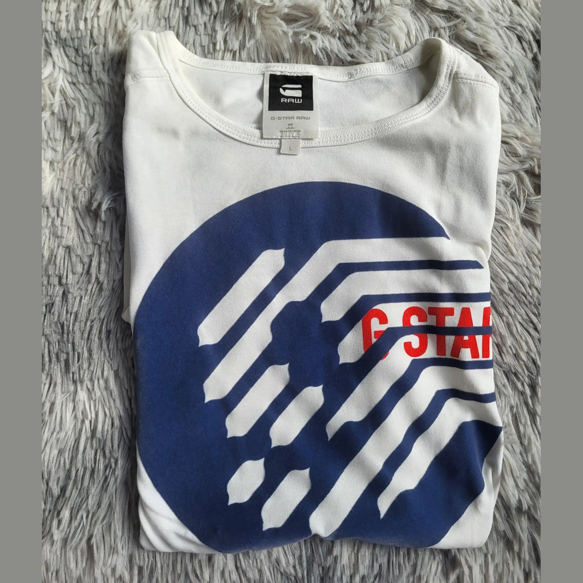T-shirt G-Star Raw blanc à motif bleu, taille L. Fripes Sélect