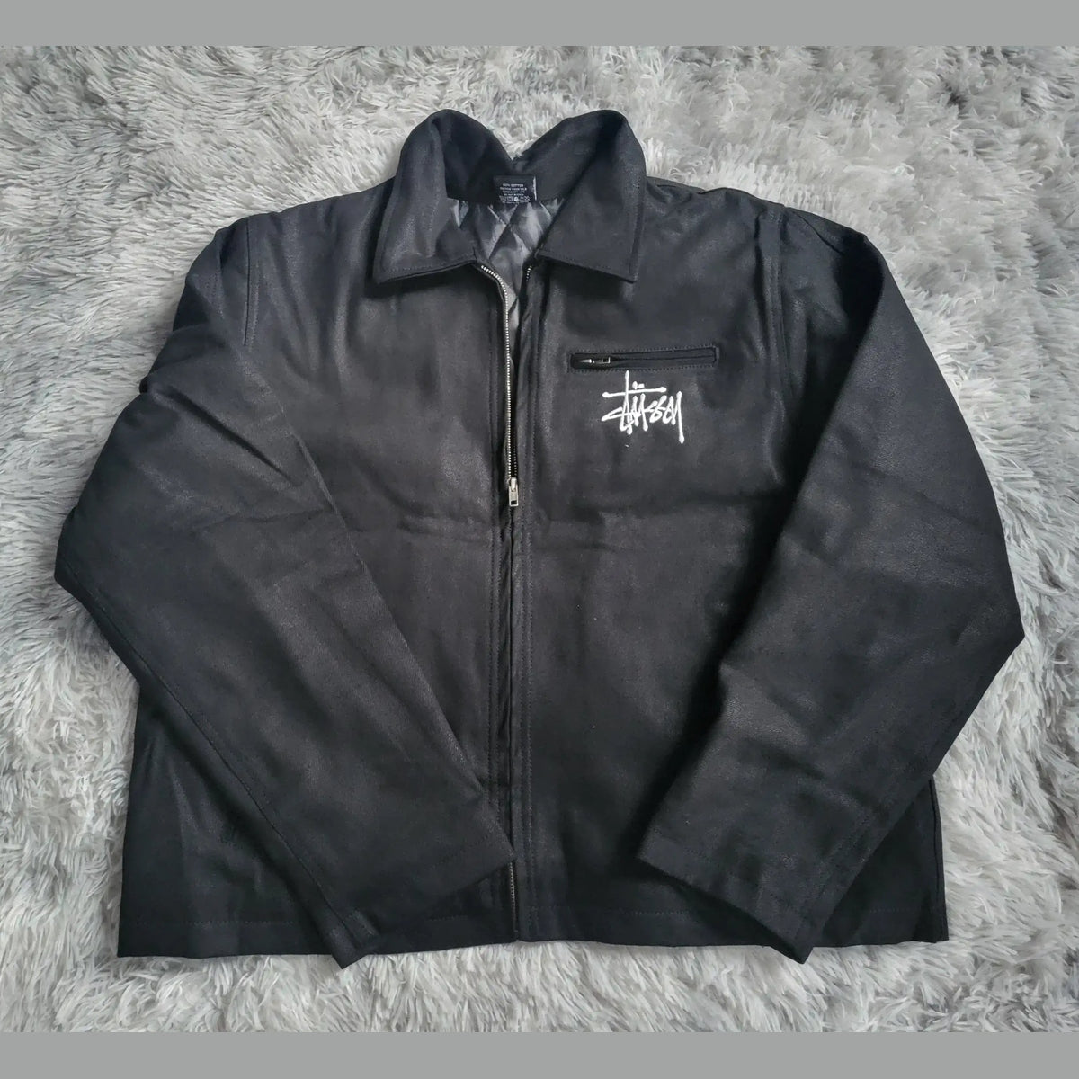 Veste Stüssy Canvas Shop Jacket Noire - Double Logo Brodé (Avant & Dos) Homme  - Style 118481 - Taille L 