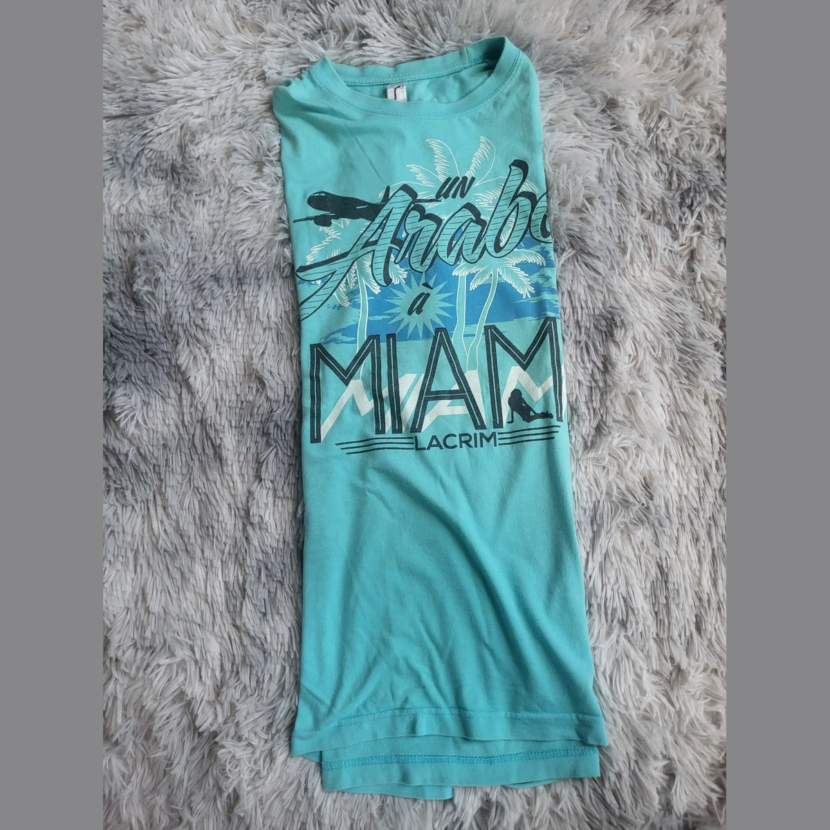 T-shirt bleu turquoise Lacrim, imprimé Miami, taille M. Fripes Sélect