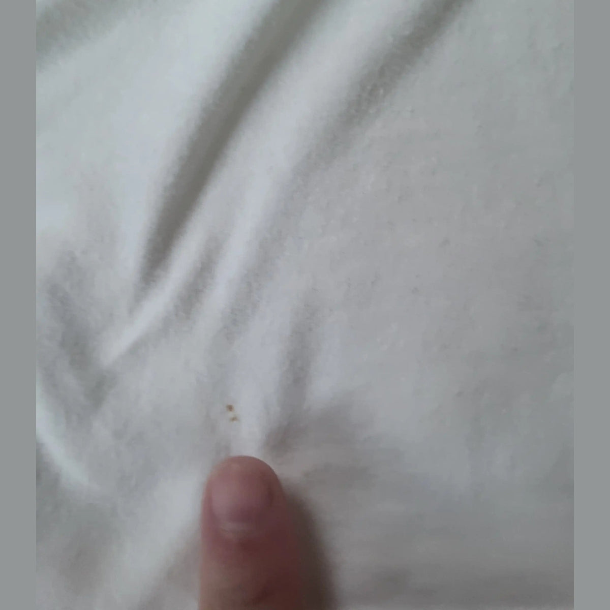 T-shirt blanc, marque et taille non visibles, tache marron montrée du doigt. Fripes Sélect