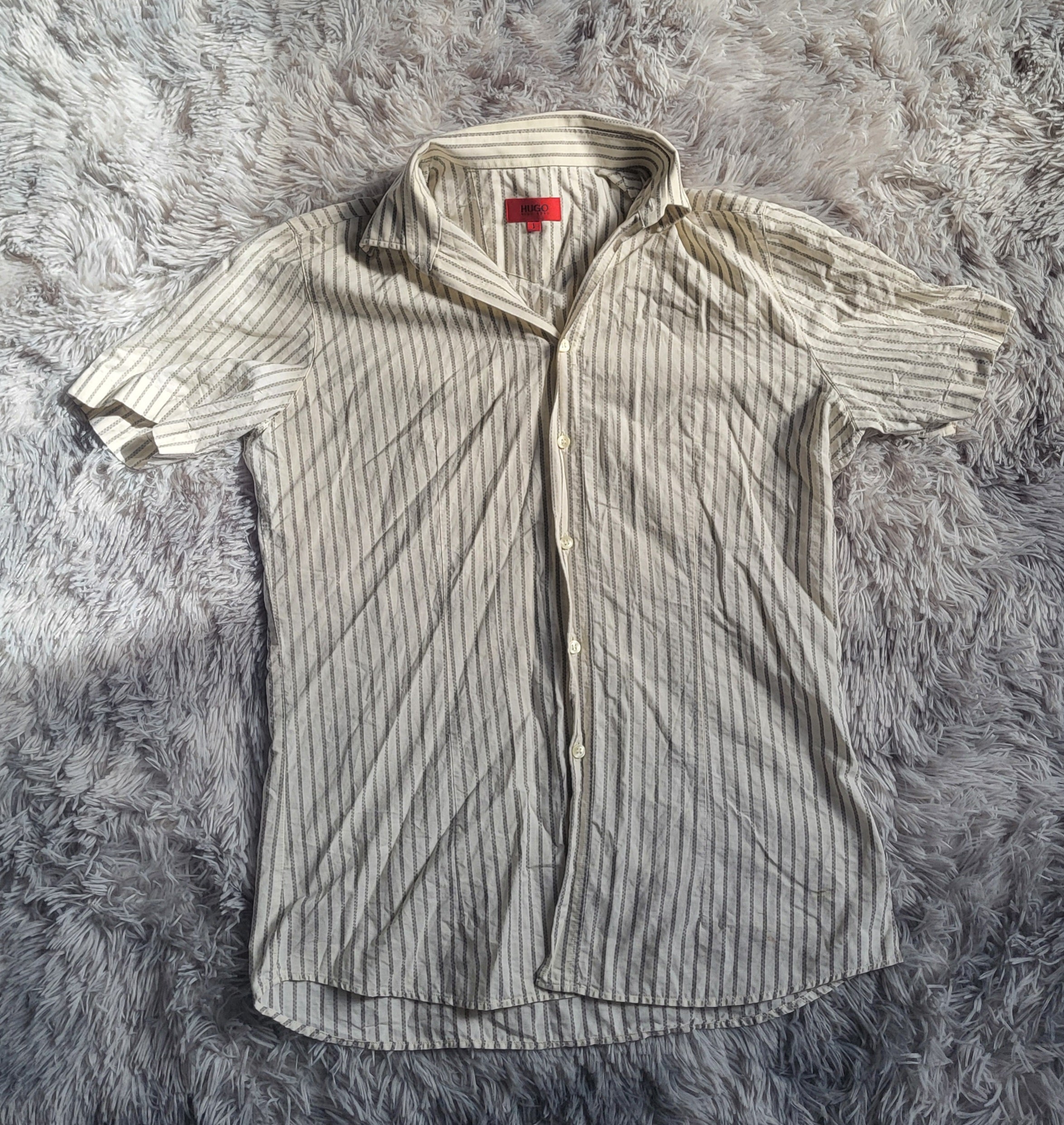 Chemisette HUGO Hugo Boss Slim Fit - Rayures Grises & Écru - Taille L - Archive Étiquette Rouge