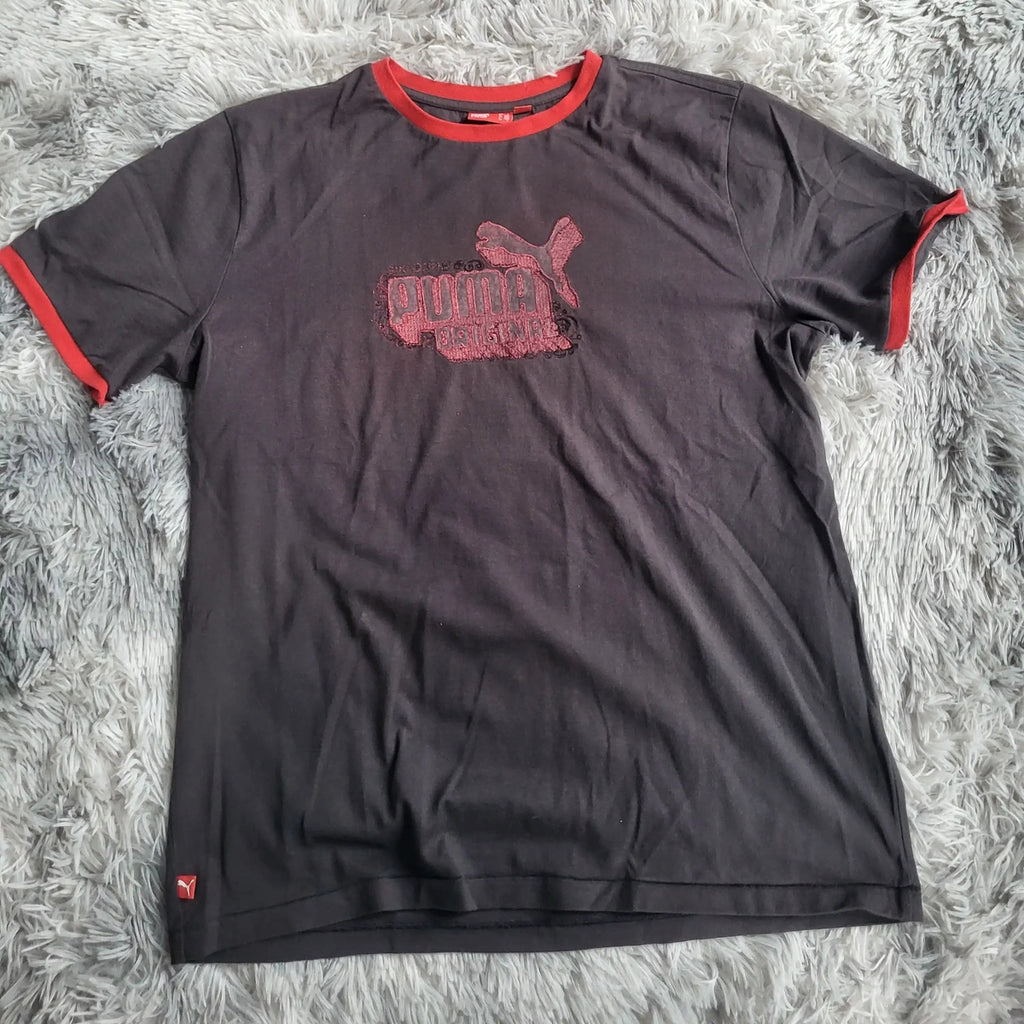 T-shirt Vintage Puma Big Cat Logo – Anthracite & Rouge – Style Ringer – Taille L