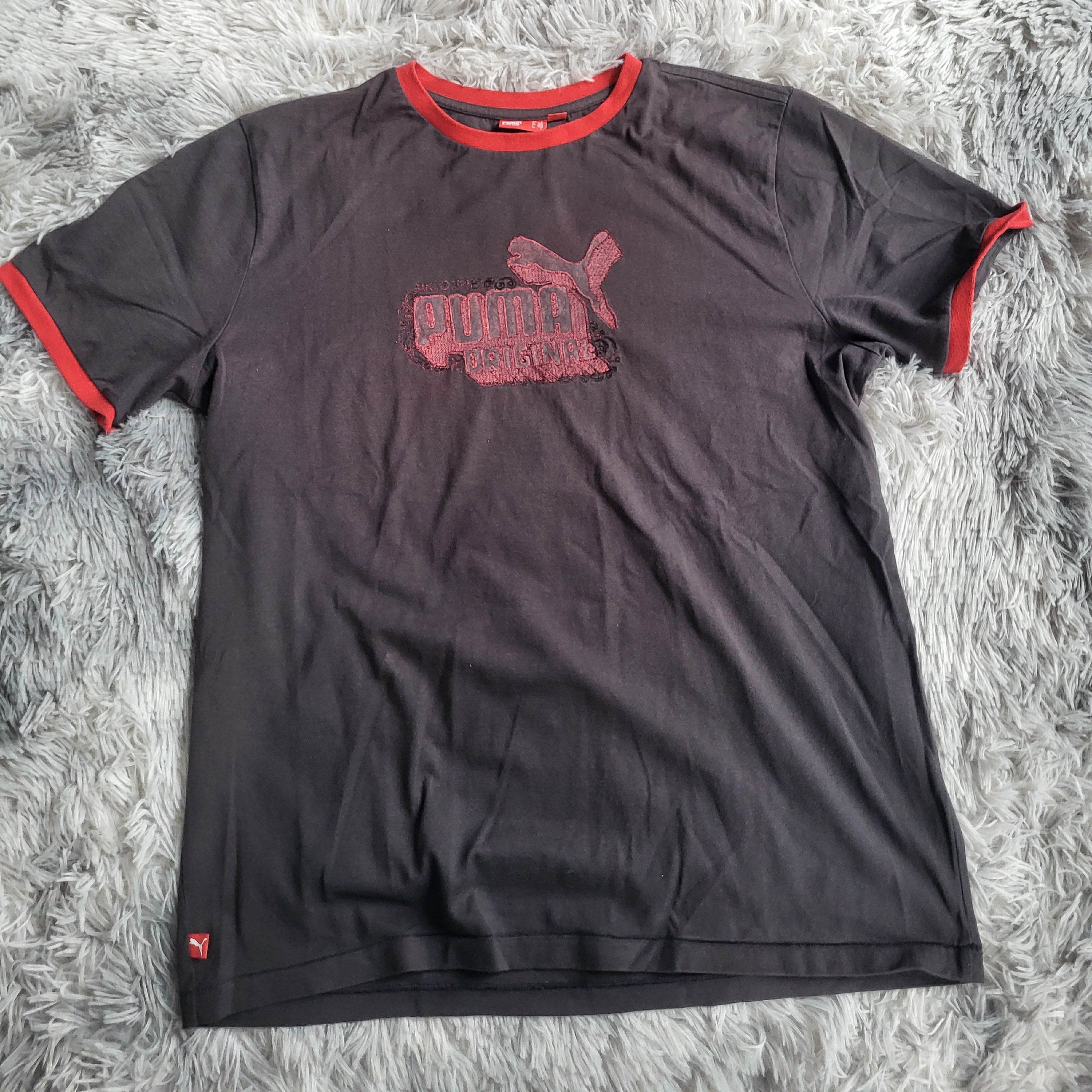 T-shirt Vintage Puma Big Cat Logo – Anthracite & Rouge – Style Ringer – Taille L
