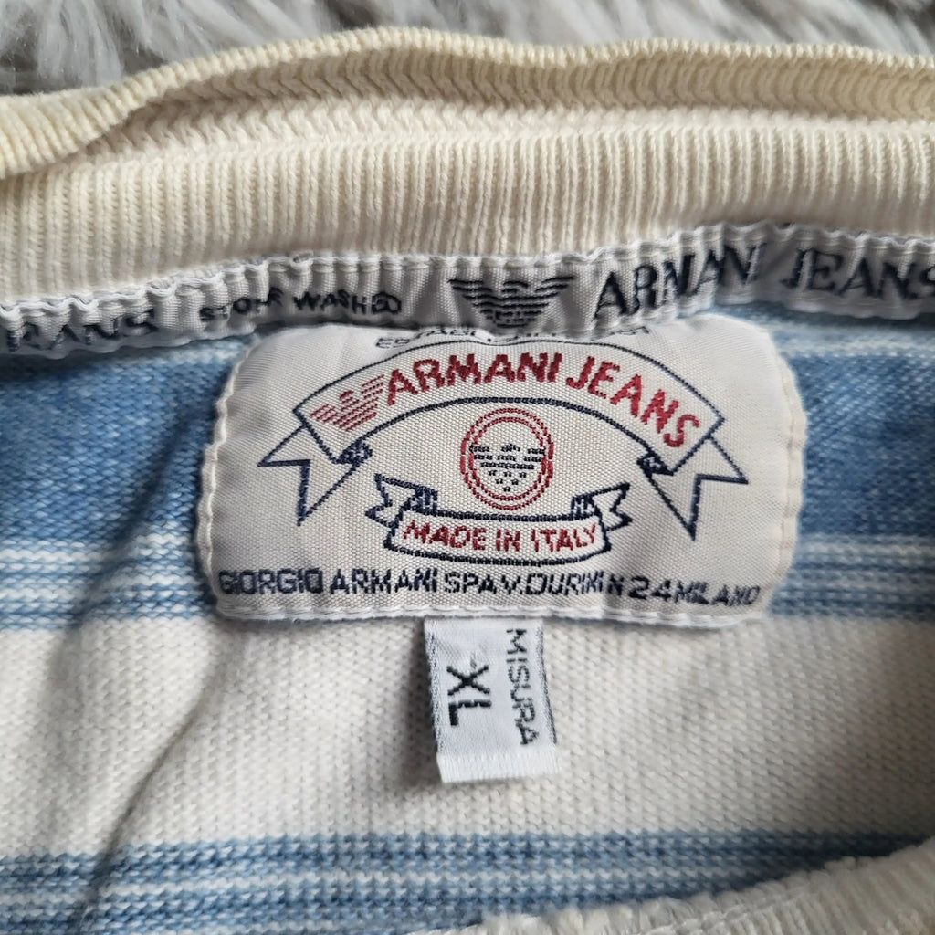 Pull Vintage Armani Jeans – Rayures Marines – Taille XL – Made in Italy – 90s