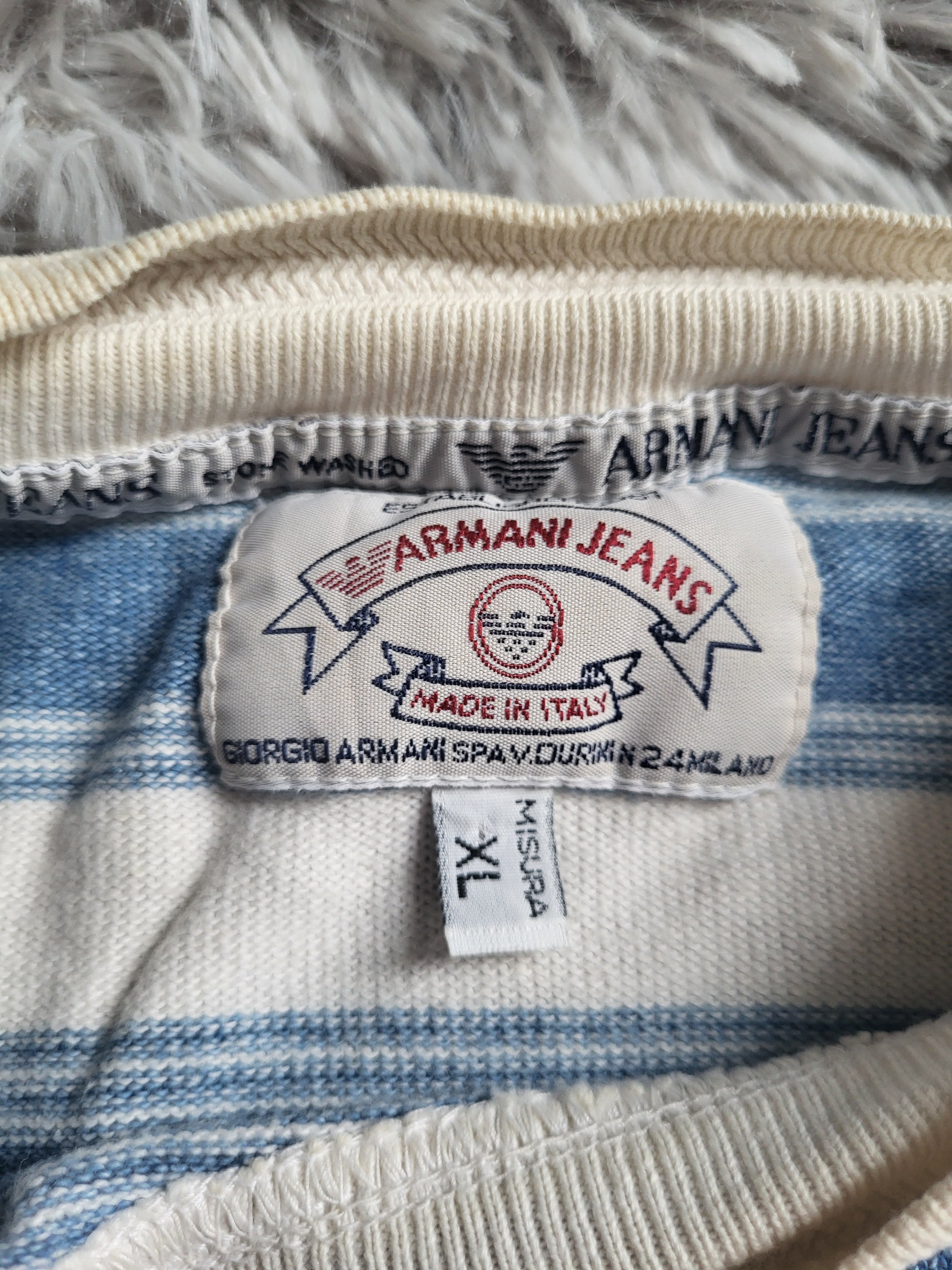 Pull Vintage Armani Jeans – Rayures Marines – Taille XL – Made in Italy – 90s