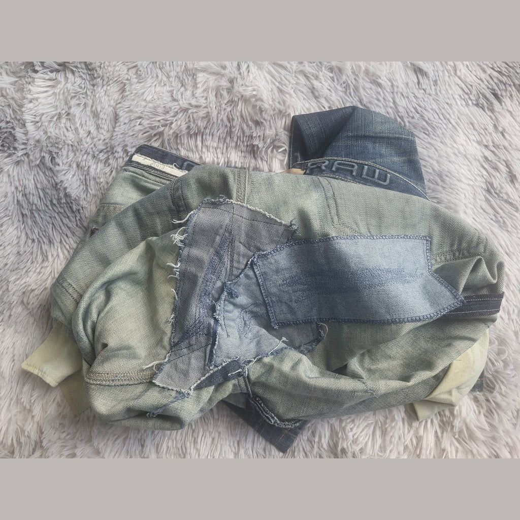 Jean patchwork bleu clair taille inconnue, marque G-STAR visible, Fripes Sélect