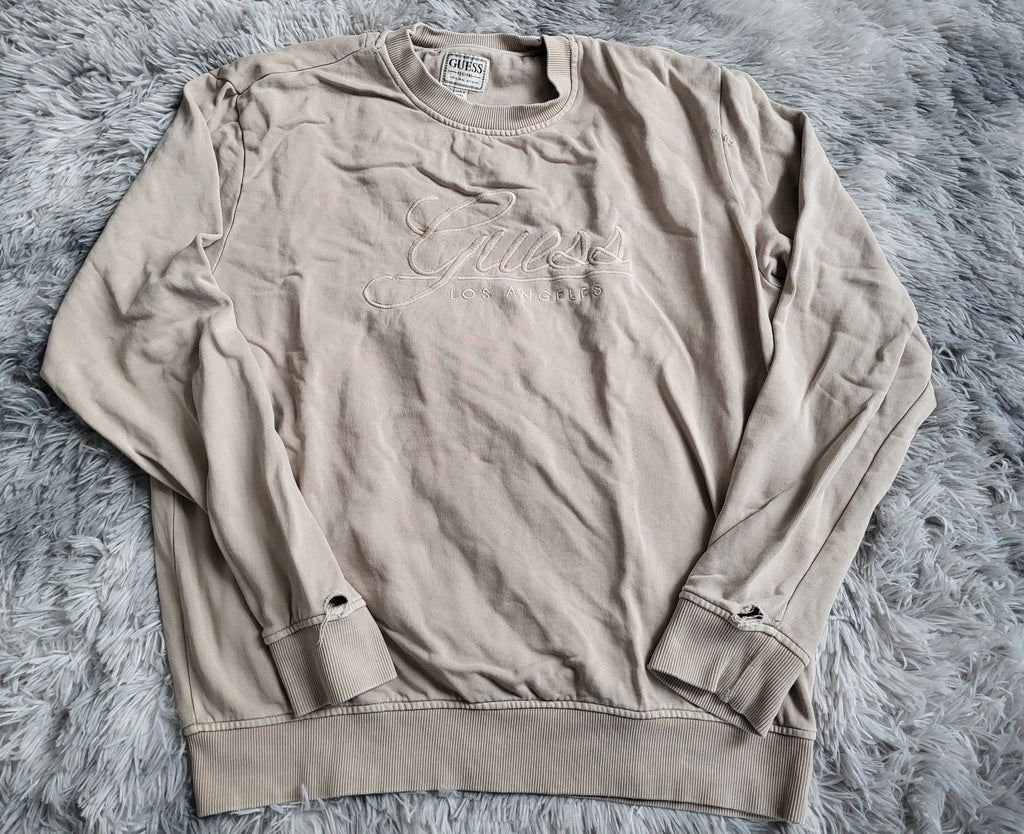 Sweat Guess Beige Sable – 100% Coton – Taille L – Style Distressed / Upcycling