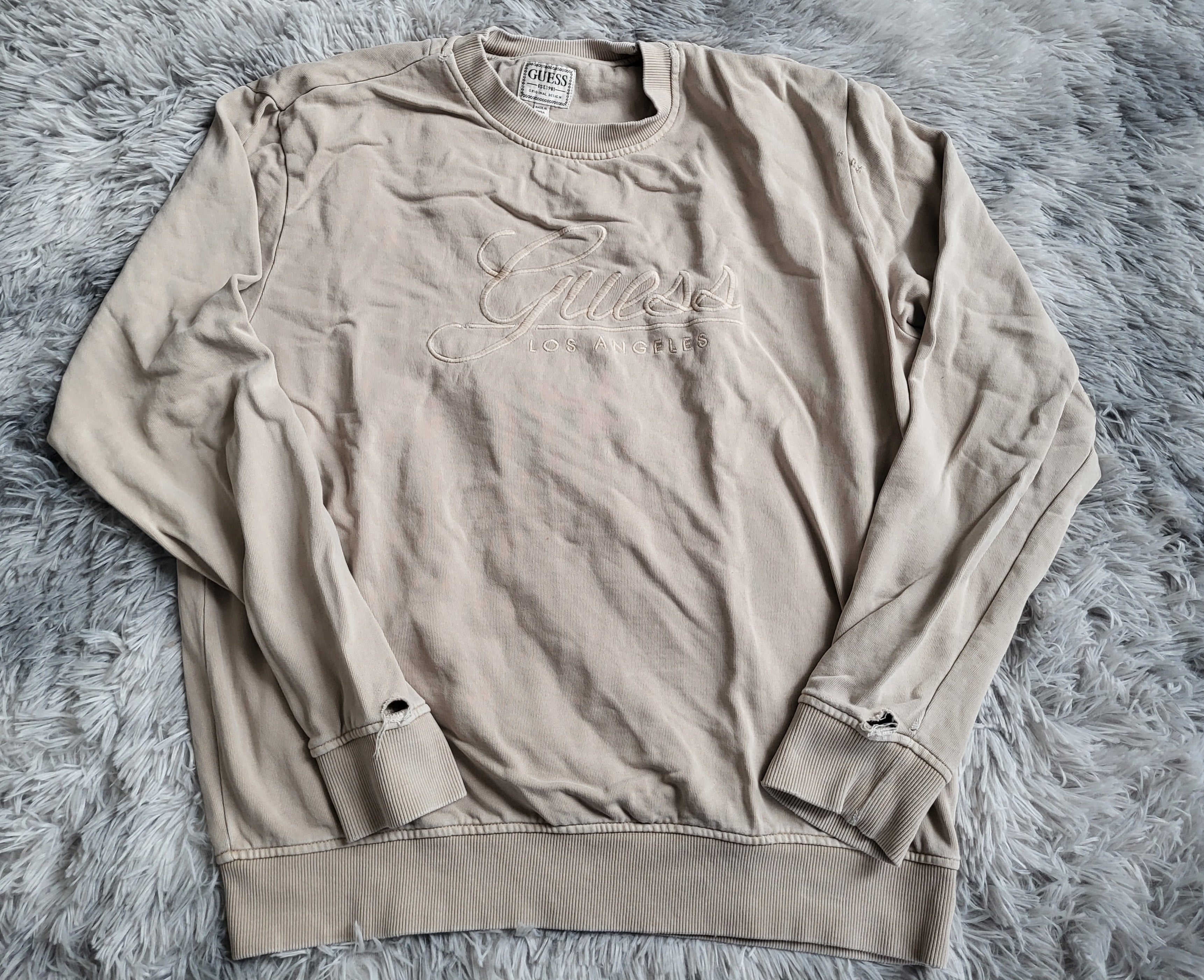 Sweat Guess Beige Sable – 100% Coton – Taille L – Style Distressed / Upcycling