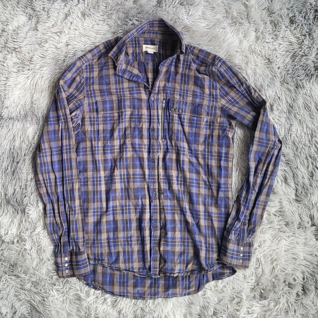 Chemise Diesel Vintage Tartan Bleu & Marron - Taille L - 100% Coton - Détail Zip - À RÉPARER