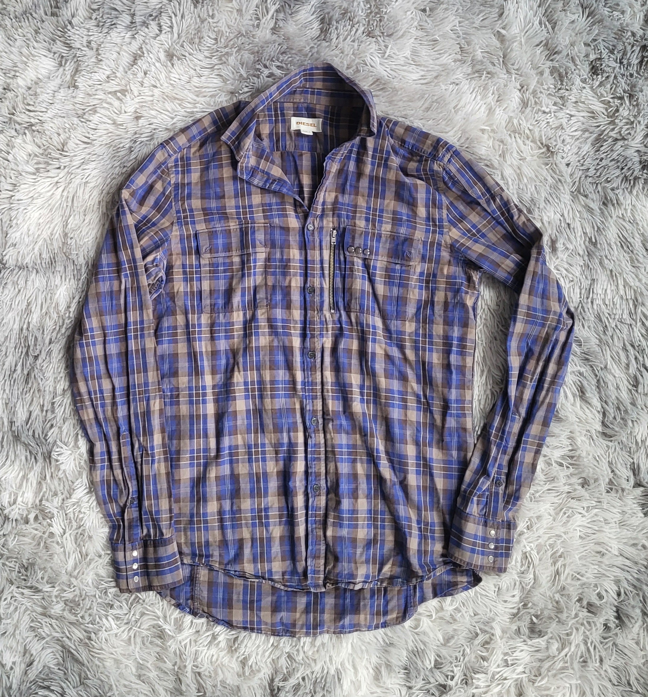 Chemise Diesel Vintage Tartan Bleu & Marron - Taille L - 100% Coton - Détail Zip - À RÉPARER