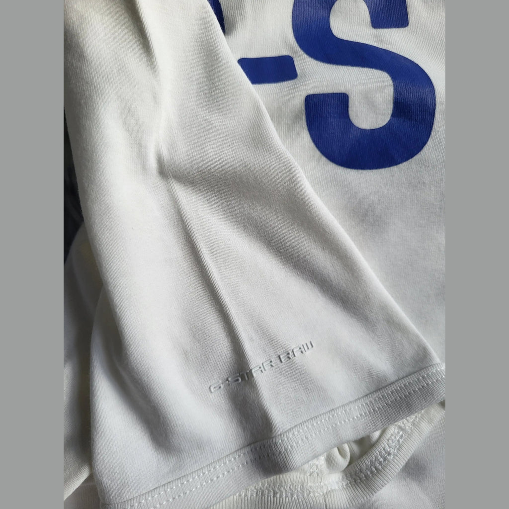 T-shirt blanc G-Star RAW, impression bleue, taille non visible, Fripes Sélect
