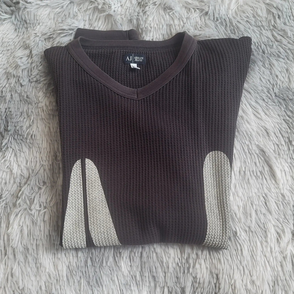 Pull AJ Armani Jeans marron, taille L, détails clairs sur les manches. Fripes Sélect