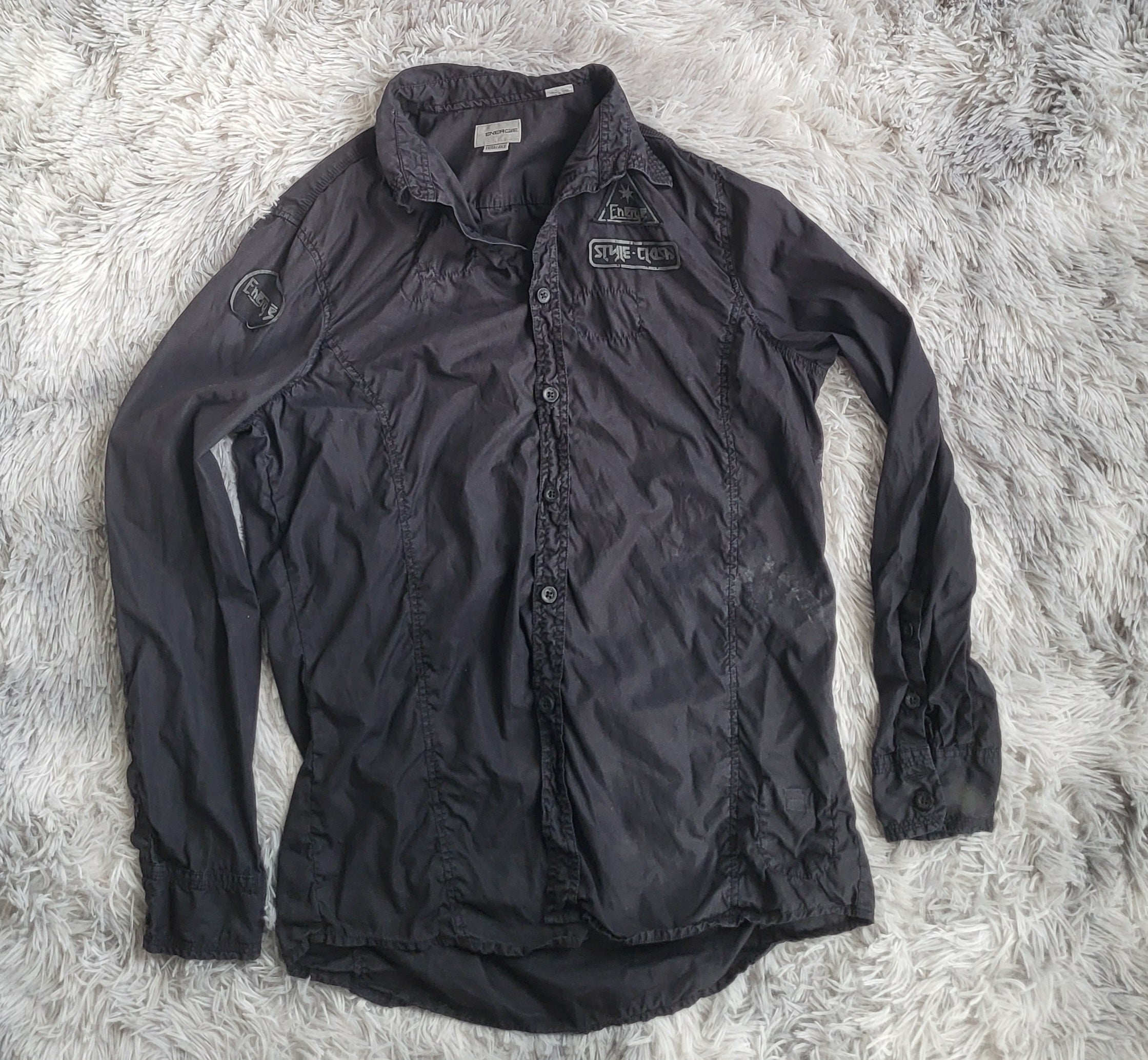 Chemise Energie Vintage Y2K Noire - Style Militaire - Taille XL - Idéal Custom ou Teinture