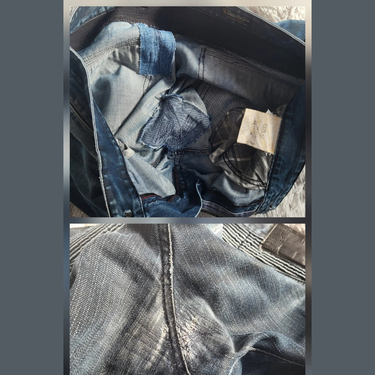 Jean bleu Ralph Lauren taille 31 avec réparations visibles à l'entrejambe. Fripes Sélect