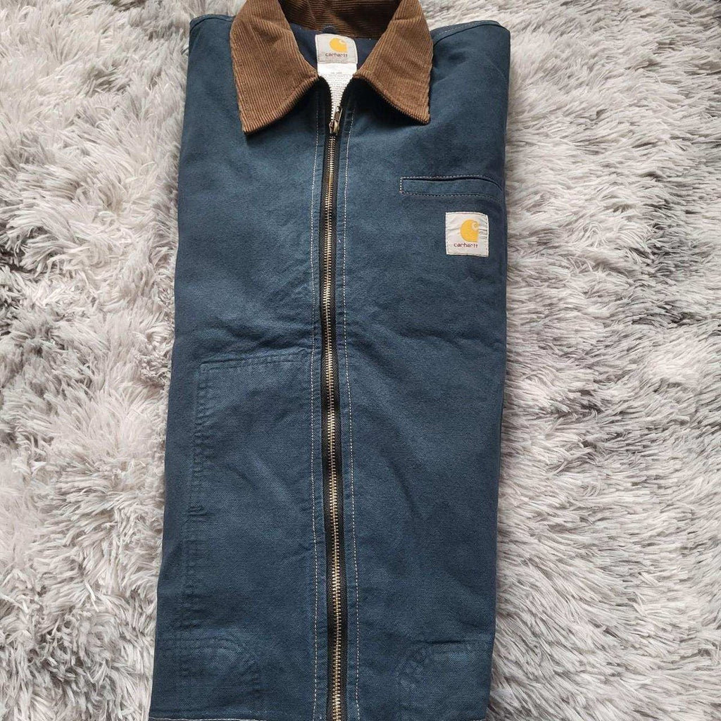 Veste Carhartt bleue col marron taille XL, vêtement vintage. Fripes Sélect