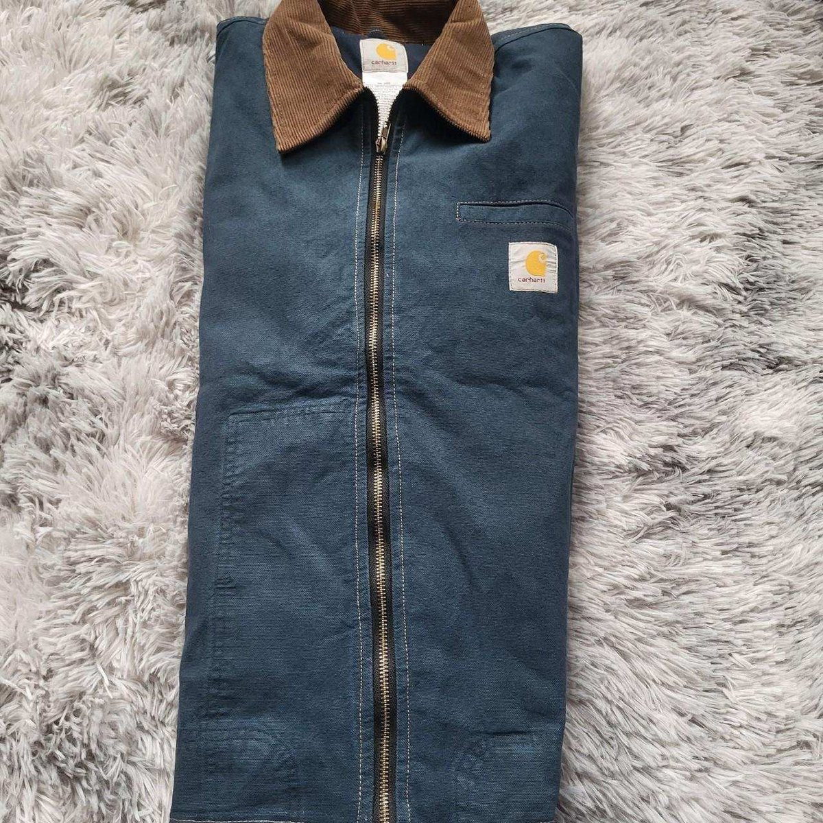 Veste Carhartt bleue col marron taille XL, vêtement vintage. Fripes Sélect